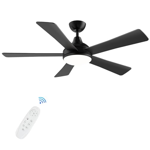 Autoday 52 Inch Ceiling Fans with Lights and Remote - Black Ceiling Fan with Light, Quiet Reversible DC Motor, Dimmable Tri-Color LED, 5 Blades Modern Ceiling Fan for Bedroom/Patio, Indoor/Outdoor