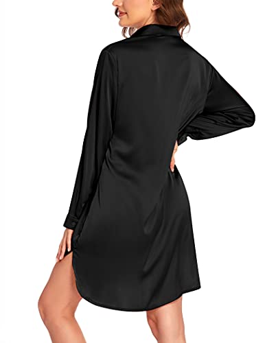 Ekouaer Sleepdress for Ladies Silky Satin Nightgown Unique Notch Collar Sleepshirts Black Small