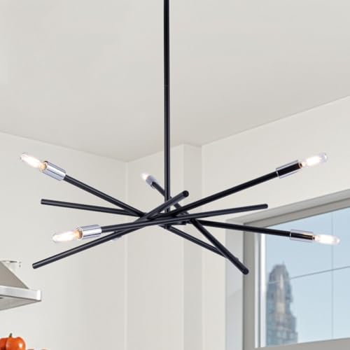 VILUXY Modern Sputnik Chandelier 6 Lights Black Linear Ceiling Pendant Light Fixture Mid Century Hanging Chandelier for Dining Room Living Room Foyer Staircase 31.5 inches