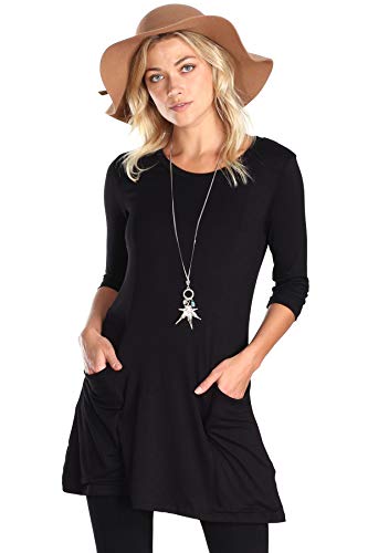 Popana Womens 3/4 Sleeve Tunic Top with Pockets for Leggings Made in USA Medium Black