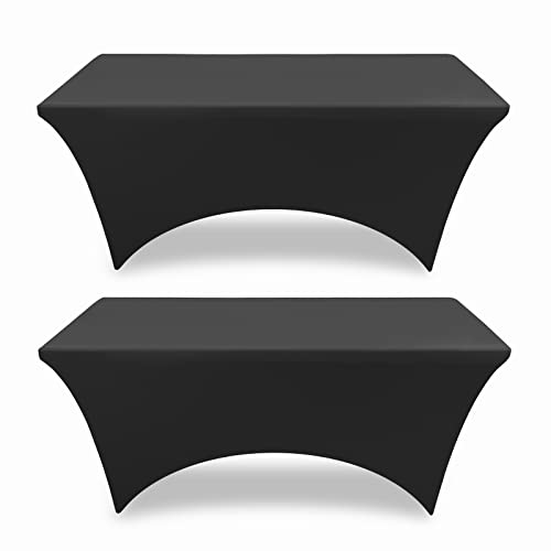PureFit Spandex Black Table Covers 4ft Fitted Table Clothes for 4 Foot Rectangle Tables, Elastic Massage Table Cover, Stretch Tablecloth for Party, Wedding, Birthday, Banquet, Vendor Stand, 2 Pack