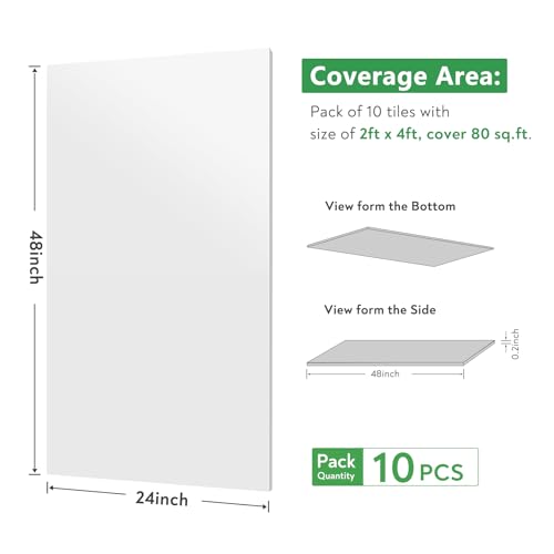 STICKGOO Drop Ceiling Tiles 2ft x 4ft, White PVC Ceiling Panels, Soomth Ceiling Tiles 24 x 48in, Waterproof - Fire-Rated to Prevent Breakage Cover 80 Sq. Ft, Pack of 10 Tiles