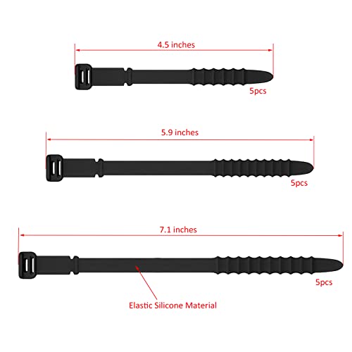 Silicone Zip Ties, Reusable Zip Ties, Rubber Cable Ties Straps for Wire Management, Elastic Silicone Ties Cable Organizer for Home Office, Cord Ties in Three Sizes 4.5" 5.9" and 7.1" (5+5+5 Pcs Black)