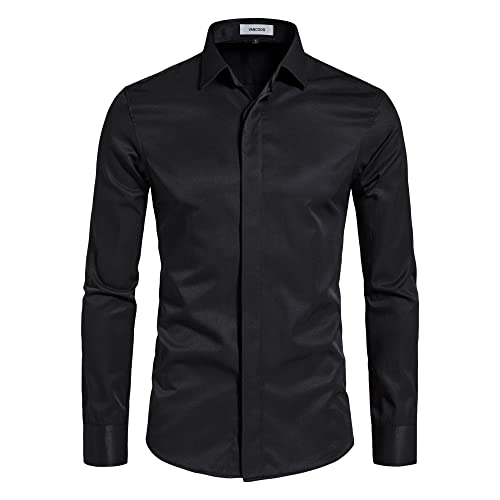 VANCOOG Men's Solid Long Sleeve Interview Formal Fashion Tuxedo Shirt Camisas De Vestir para Hombres-Black-S