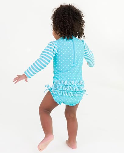 RuffleButts Pink Polka Long Sleeve One Piece Rash Guard - 3-6m