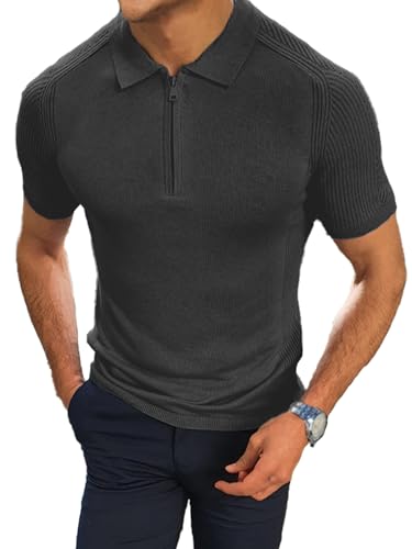 Comdecevis Men's Knit Polo Shirts Short Sleeve Quarter-Zip Casual Classic Fit Golf Pullover Small Black