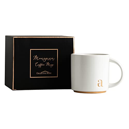 COLLECTIVE HOME - Monogram Ceramic Mugs, 15 oz Golden Initial Coffee Cups, Elegant Alphabet Tea Mugs, Elegant Personalized Mug with Gift Box, Luxurious Cups for Office and Home (w)