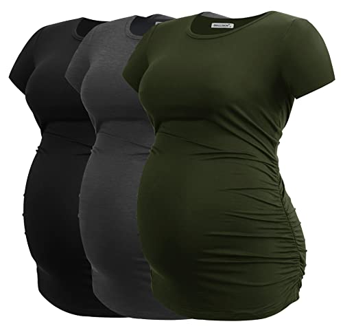 Smallshow Women's Maternity Tops Side Ruched Tunic T-Shirt Pregnancy Clothes Medium Army Green-Black-Burgundy