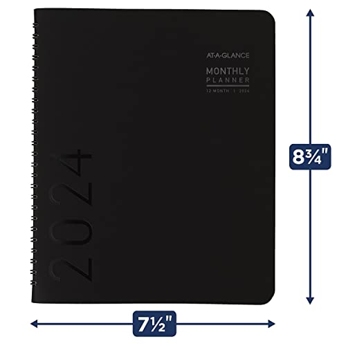 AT-A-GLANCE 2024 Monthly Planner, 7" x 8-3/4", Medium, Monthly Tabs, Faux Leather, Contemporary, Black (70120X0524)