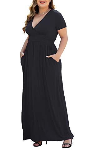 HAOMEILI Women's Short Sleeve Floral Print V Neck Loose Plain Maxi Dresses Casual Long Dresses with Pockets Blue 2XL