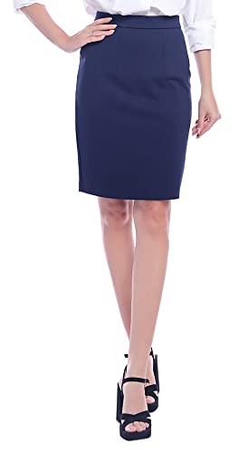 Marycrafts Women's Knee Midi Length Pencil Stretchy Work Office Skirt XS Navy