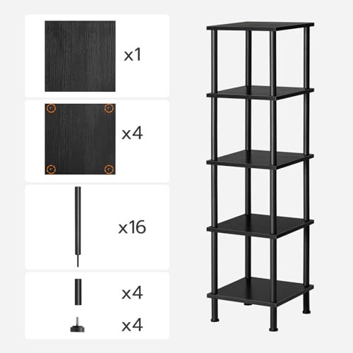 HOOBRO 5-Tier Corner Shelf Stand, Corner Square Rack Display Shelf, Tall Storage Rack Plant Stand, Corner Bookcase for Small Spaces, Living Room, Home Office, Kitchen, Black BK50CJ01