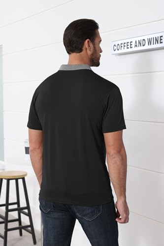 Lexiart Mens Fashion Short Sleeve Polo Shirts Splice Button Collar Regular-Fit Tshirts with Pocket Black