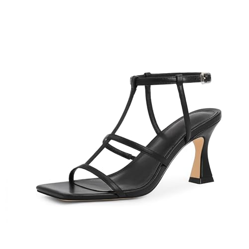 Modatope Gold Kitten Heels for Women Strappy T-Strap Sandals 2024 Square toe Ankle Strap Heeled Sandals 2024 Open Toe 3 inch Womens Heels Size 6.5