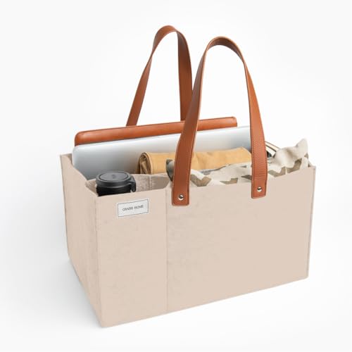 Chaise Home Organizer Caddy - File Folder Tote with Handle - Portable Office Bag - Teacher, School & Work Supplies - Arts & Crafts Storage (Beige)
