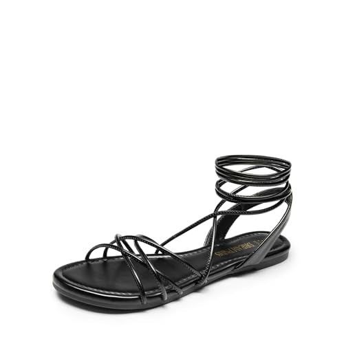 DREAM PAIRS Women's Flat Sandals Strappy Comfortable Dressy Summer Lace-Up Gladiator Sandals,Size 6,BLACK,SDFS2408W