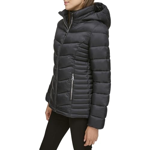 DKNY Women's Puffer, Light-Weight Hooded Black