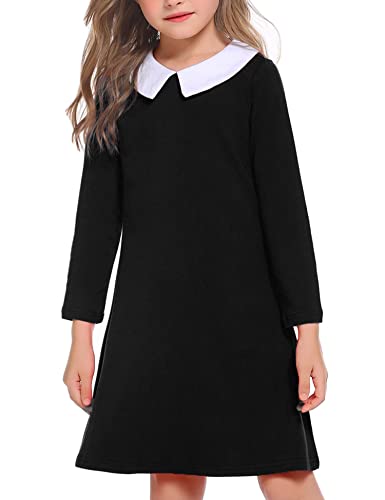 Arshiner Girls Dress Vintage Peter Pan Collar Fall Long Sleeve Solid Color T-Shirt Halloween Holiday Dresses Black 7-8 Years