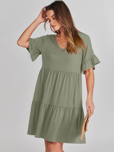 ANRABESS Women's 2024 Summer Trendy V Neck Ruffle Short Sleeve A Line Tiered Flowy Casual Mini Beach Dress with Pockets Deep Green Medium