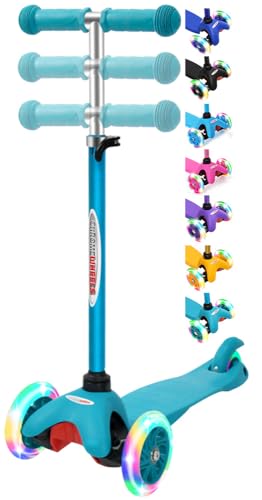 ChromeWheels Scooter for Kids, Deluxe 3 Wheel Scooter for Toddlers 4 Adjustable Height Glider with Kick Scooters, Lean to Steer with LED Flashing Light for Ages 3-6 Girls Boys, Aqua
