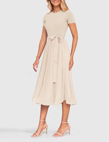 ZESICA Womens Summer Short Sleeve Midi Dresses Spring Casual Crew Neck Knit Belted Pleated A Line Flowy Wedding Guest Dress,Apricot,Small