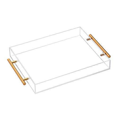 Clear Acrylic Lucite Serving Tray with Metal Handles,No Need to Assemble,11x14 Inch,Decorative Storage Organizer with Spill-Proof Design,Serving for Coffee,Breakfast,Dinner and More