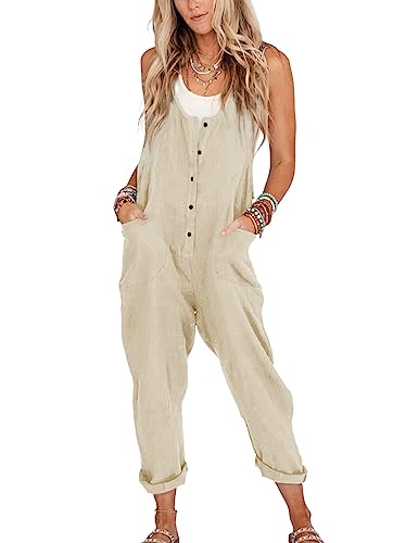 Yeokou Womens Overalls Linen Cotton Jumpsuits Loose Casual Jumpers with Pockets(Beige-S)