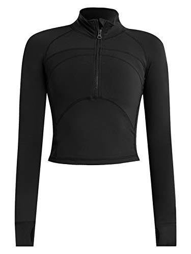 Vsaiddt Women's Athletic Half Zip Sweatshirt Lightweight Quick Dry Workout Yoga Running Crop Tops （A-Black-XS）