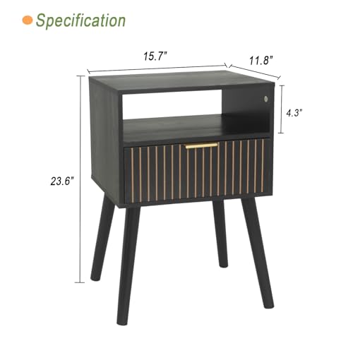 MaxSmeo Black Nightstand with Drawer, Mid Century Modern Bedside Table with Open Shelf Storage, End Table with Solid Wood Legs, Black