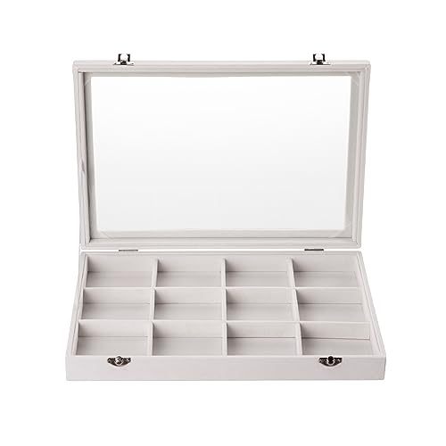 Frebeauty Velvet Jewelry Tray,12 Grid Jewelry Organizer with Clear Lid,Bracelets Holder,Jewelry Display Case with Clasp,Drawer Insert Bangle Brooch,13.8 x 9.5 x 2 Inches,Gift for Women Girls(Beige)