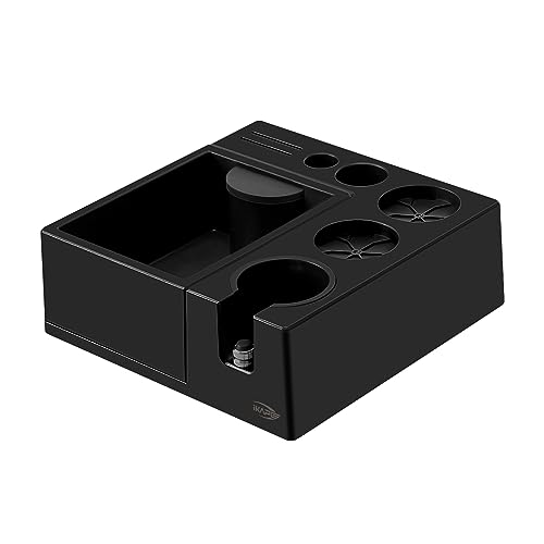 IKAPE ABS Espresso Knock Box, 7 in 1 Coffee Organizer Box Fit for Storage 51, 54, 58MM Espresso Tamper, Distributor, Portafilter & Puck Screen Accessories(Black)