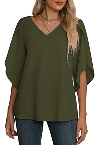 Jouica Womens Blouses Summer Elegant Chiffon Light Blouse 3/4 Sleeve Blouses Loose Casual Shirt for Women,Flower Navy Blue2,Small