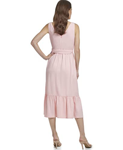 DKNY Women's Ruffle Hem Self Tie Belt V Neck Dress, Cream/Pink, 2