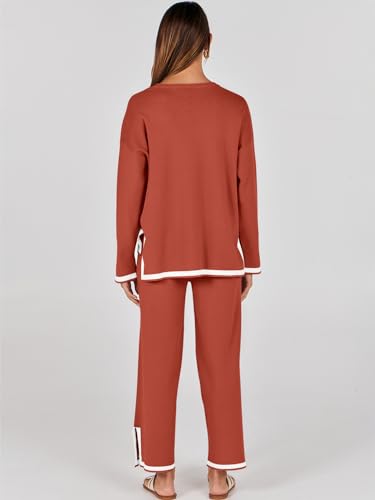 ANRABESS Women's Two Piece Outfits Long Sleeve Knit Pullover Sweater Tops & Wide leg Pants Casual Lounge Matching Sweatsuit Tracksuits Sets Red Apricot Medium