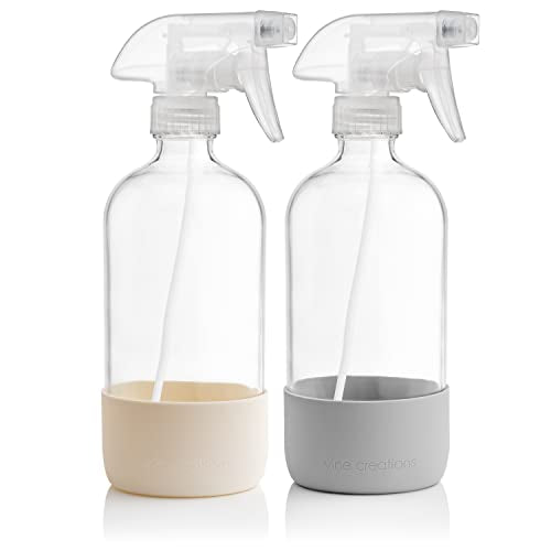 Vine Creations Glass Spray Bottles for Cleaning Solutions, Clear Glass Spray Bottle with Silicone Sleeve, 16 oz Empty Spray Bottles for Cleaning, Plant Spray Bottle, Mist and Stream Nozzle - 2 Pack