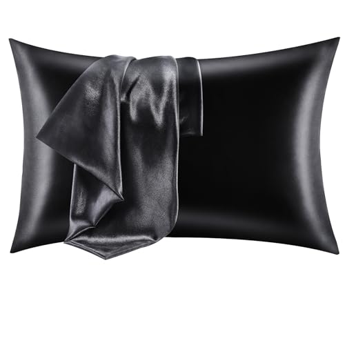 CozyLux Silk Satin Pillowcase for Hair and Skin Standard Set of 2 Soft Pillow Cases Silky Microfiber Bed Pillow Covers Wrinkle Resistant with Envelope Closure(Black, 20 x 26 Inches)