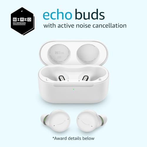 Amazon Echo Buds with Active Noise Cancellation (newest model), Wireless earbuds with active noise cancellation and Alexa, Wireless charging case, Glacier White