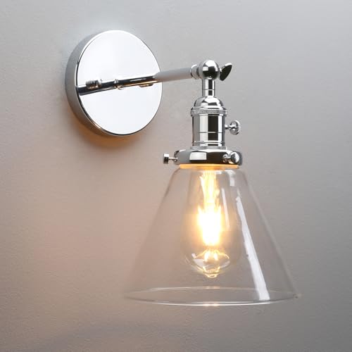 PERMO Single Sconce with Funnel Flared Glass Clear Glass Shade 1-Light Wall Sconce Wall Lamp (Chrome)