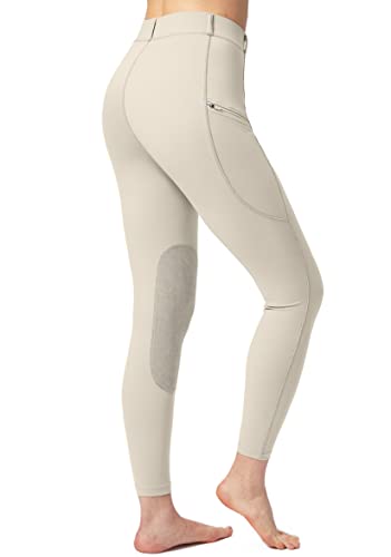 SANTINY Women's Horse Riding Pants with Zipper Pockets Knee-Patch Schooling Tights Equestrian Breeches for Women (White_XL)