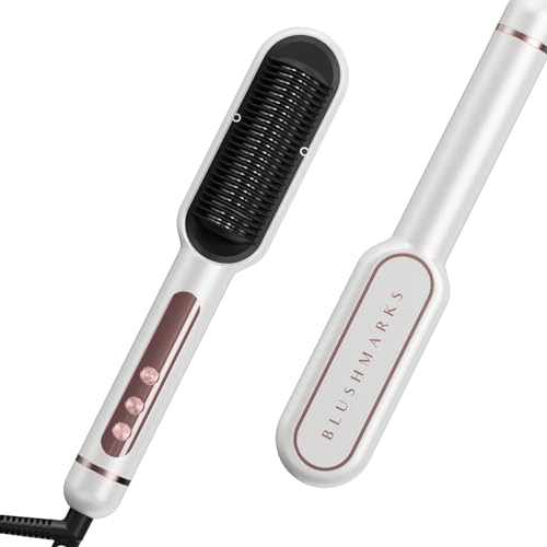 Hair Straightener Brush Ionic Straightening Comb BLUSHMARKS Nano Titanium 30s Fast Heating & Anti-Scald 9 Temp Settings LED Display Professional Salon Hair Styling Tools for Gifts Women