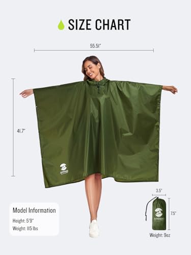 SaphiRose Hooded Rain Poncho Waterproof Raincoat Jacket for Men Women Adults (Army Green)