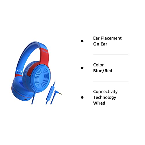 ELECDER Kids Headphones, S8 Wired Headphones for Kids with Microphone for Boys Girls, Adjustable 85dB/94dB Volume Limited, 3.5 mm Jack for School/Kindle/Smartphones/Tablet/Airplane Travel(Blue/Red)