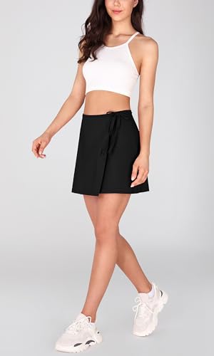 ODODOS Wrap Skorts for Women Built-in Shorts High Waist Tennis Skirts with Pockets for Casual Athletic Golf, Black, Small