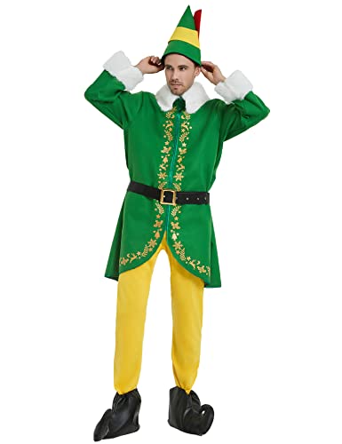 Wabolay Elf Costume Men Buddy Christmas Outfit Adult 5pcs Deluxe Suit Santa Couple Cosplay Holiday Halloween Xmas Party Full Set S