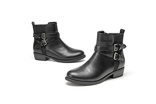 VJH confort Women's Ankle Boots,Round Toe Low Heel Comfort Elastic Booties with Side Zipper Buckle Strap (brown,10)