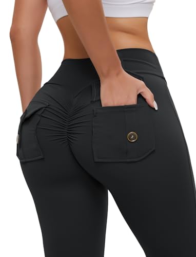 SEASUM Pocket Flare Leggings for Women V Waist Cargo Leggings High Waisted Yoga Casual Pants Bootcut Workout Pants Black S