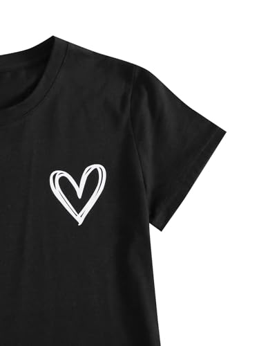 SweatyRocks Women's Heart Print T Shirts Summer Funny Short Sleeve Tops Solid Blue Small