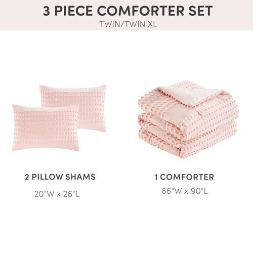 Comfort Spaces Cotton Comforter Set Jacquard Pom-Pom Tufts Design, Down Alternative, All Season Modern Bedding, Matching Shams, Twin/Twin XL, Phillips, Blush