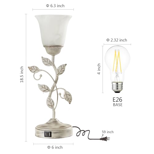 RORIANO Set of 2 Rustic Touch Table Lamps for Bedroom, 3-Way Dimmable Nightstand Flower Lamp with 2 USB Ports, Retro White Glass Shade Leaf Lamp for Living Room Entryway, 2 LED Bulb Included