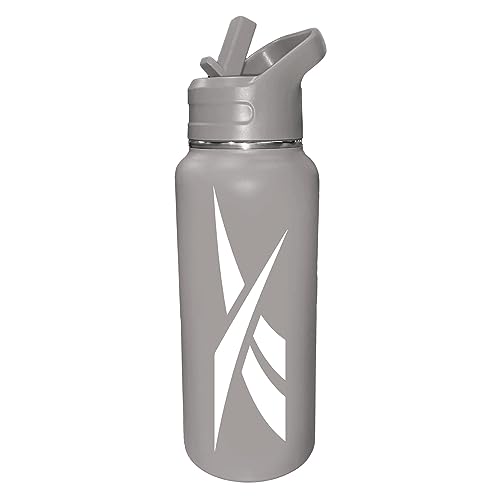 Reebok Stainless Steel Water Bottle With Straw Cap & Athletic Design - 32 oz - Double Wall Vacuum Insulated Sports Water Bottle With Straw, BPA Free (Grey with White Vector)